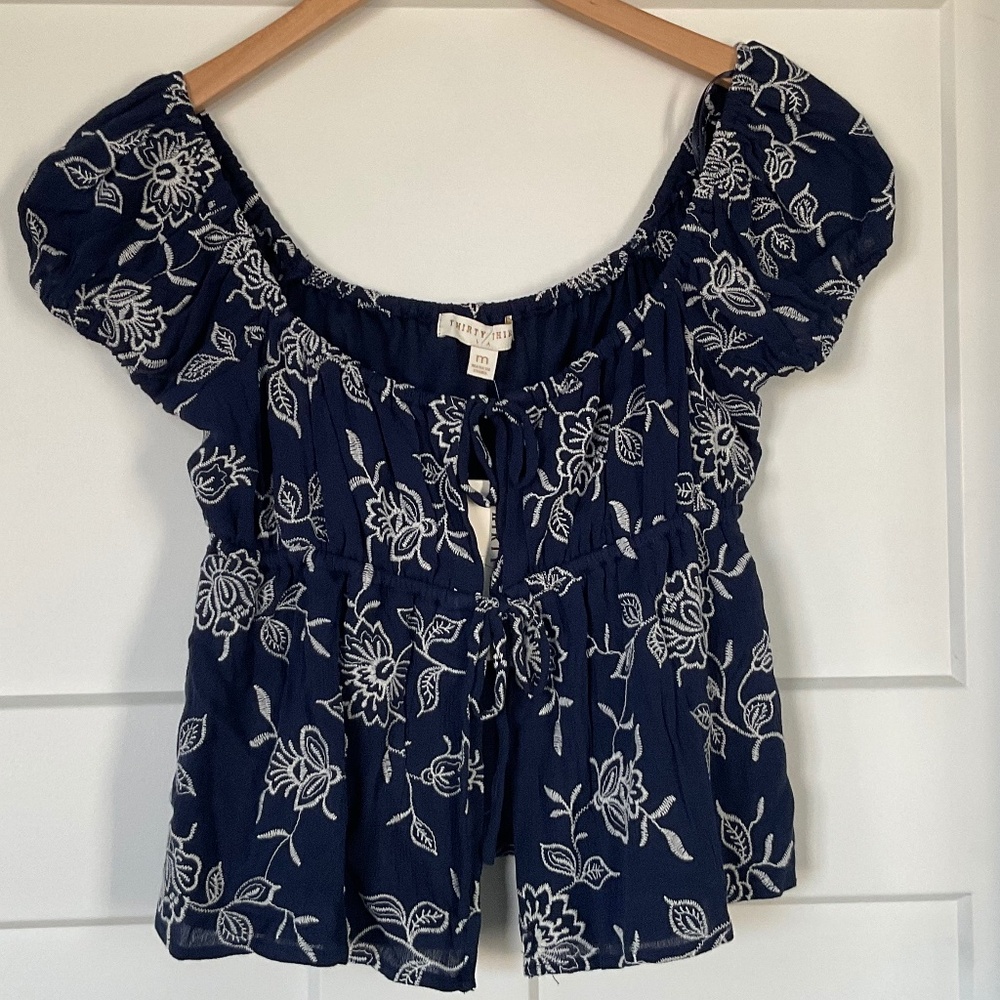 Boho Cropped Floral Smocked Top w/ Tie Front Closure NWT by Thirty Thirty